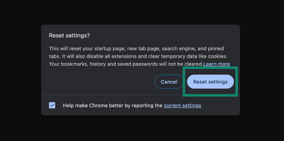 Reset Google Chrome browser settings to their defaults.