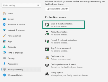 How to find the Virus & threat protection settings on a Windows PC.