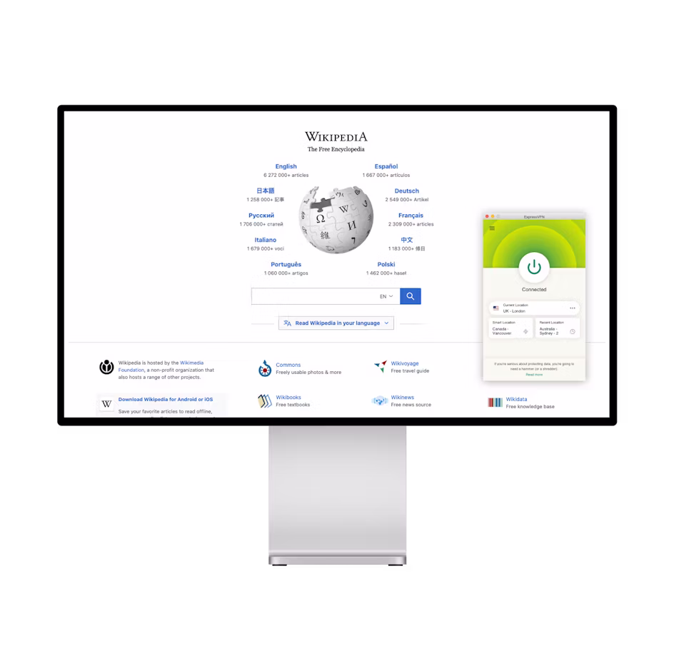 Wikipedian etusivu ja VPN.