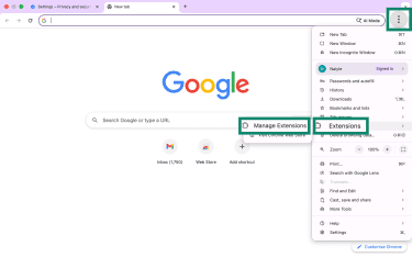 Manage extensions option in Google Chrome on desktop.