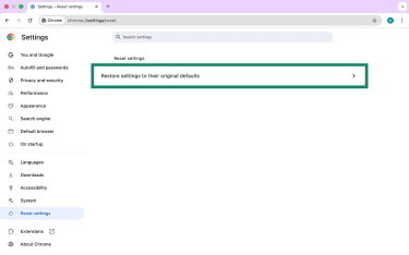 Restore settings to their original defaults in Google Chrome on desktop.