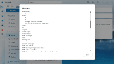 The Outlook app email source window is open.