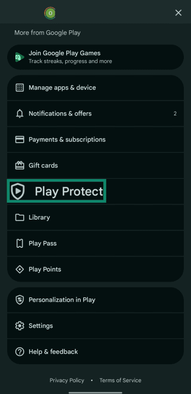 Accesing Play Protect on the Google Play Store.