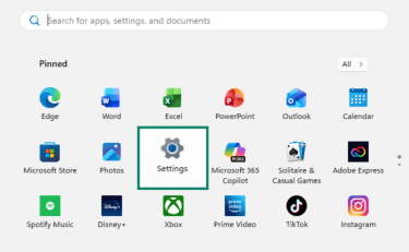Windows Start menu with Settings highlighted