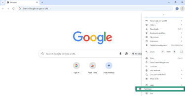Google Chrome Customize and control menu with Settings option highlighted.