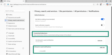 Microsoft Edge Notifications settings with Allowed to send notifications option highlighted.