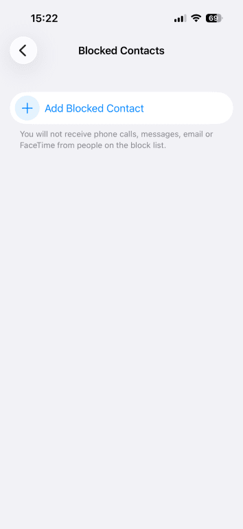 'Blocked Contacts' screen in an iPhone.