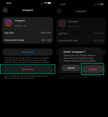 Instagram storage screen and delete confirmation popup.