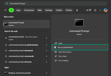 Run as administrator option for Command Prompt in Search results.