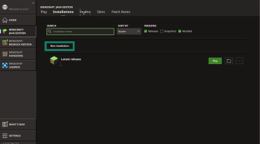 The Installation page in the Minecraft: Java edition launcher, highlighting the "New installation" button.