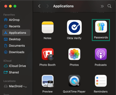 macOS device with Applications menu open and Passwords app highlighted