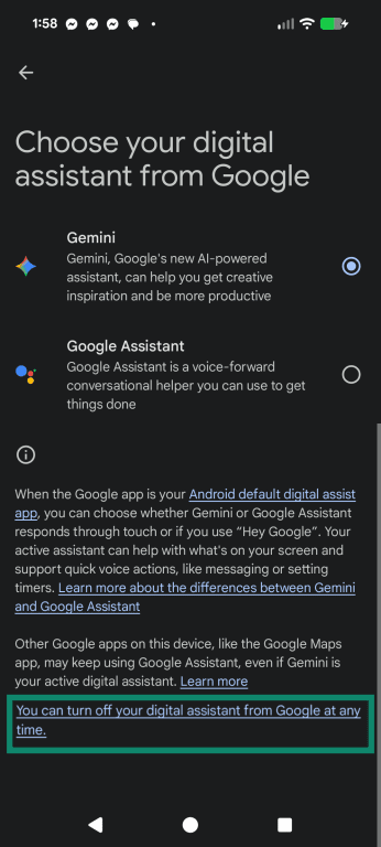The digital assistant options menu, highlighting the fine print at the bottom that offers the option to disable the assistant.