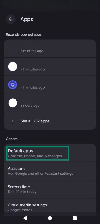 The Androids App menu, outlining the Default Apps option near the bottom.
