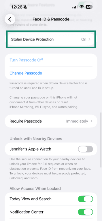 iOS Face ID & Passcode settings page showing the Stolen Device Protection option.