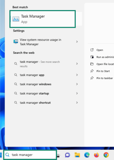 Windows 11 taskbar showing the “Task Manager” option highlighted.