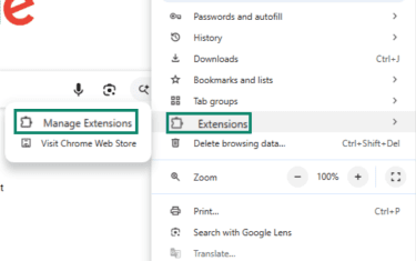 "Manage Extensions" option highlighted on Google Chrome.
