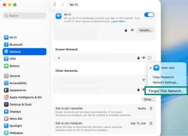 The Wi-Fi page of the macOS network settings menu, showing the option to forget a network.