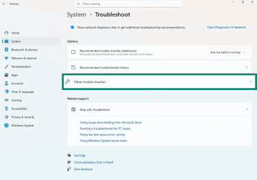 The Troubleshoot tab of the Windows Settings app, showing the Other trouble-shooters option.