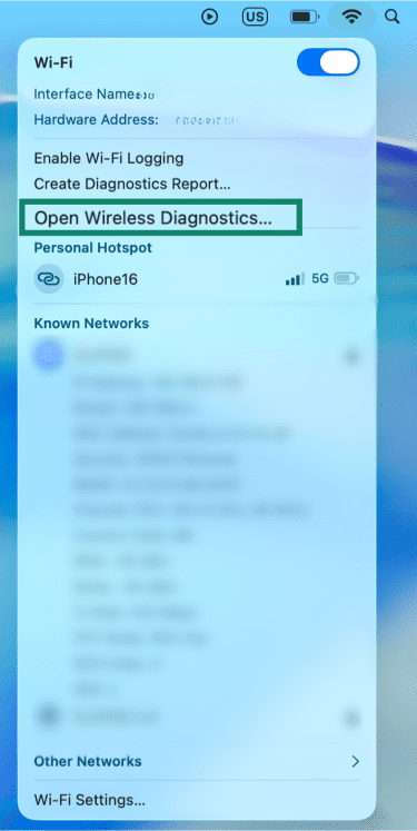 The Mac Wi-Fi menu, showing the option to open wireless diagnostics.
