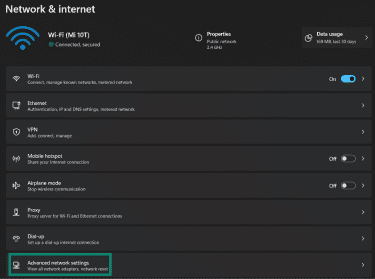 Accessing Advanced network settings on Windows.