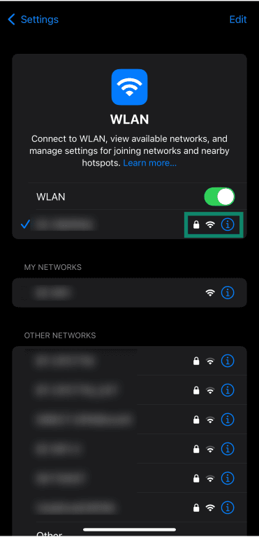 Accessing connected Wi-Fi settings on iOS.