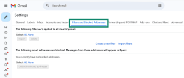 Gmail's settings overview with the Filters and Blocked Addresses tab highlighted.
