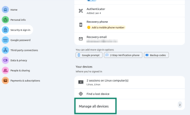 "Manage all devices" highlighted in the Google security settings.