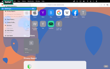 Safari option in toolbar, highlighting Settings.