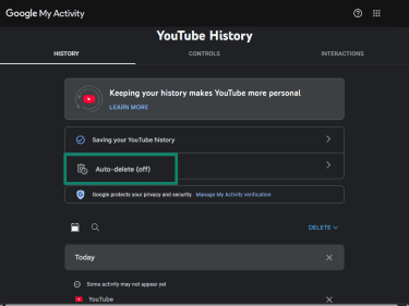 YouTube History with Auto-delete option highlighted
