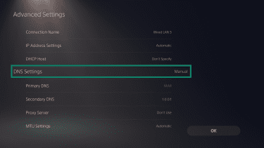 The PS5 Advanced Settings menu, highlighting the DNS Settings option.