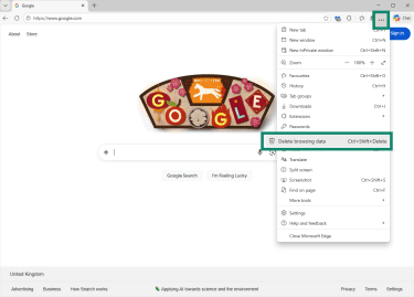 Microsoft Edge on Windows with three-dot menu and Delete browsing data both highlighted