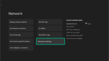 Xbox Network menu with the Advanced settings option highlighted.
