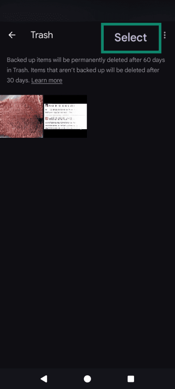 The Google Photos trash menu, displaying two photos and highlighting the Select option in the top right.