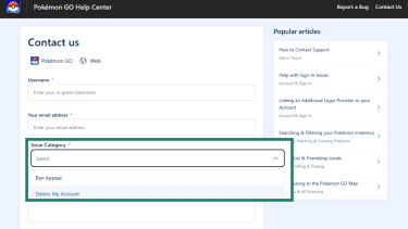 Pokémon GO help center contact form with issue category dropdown menu open and Delete My account highlighted