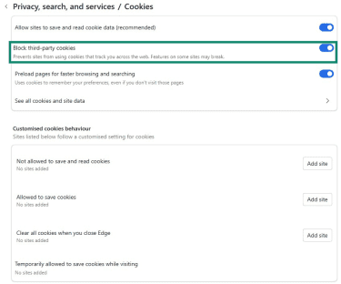 Edge browser Cookies settings menu with Block third-party cookies setting highlighted.