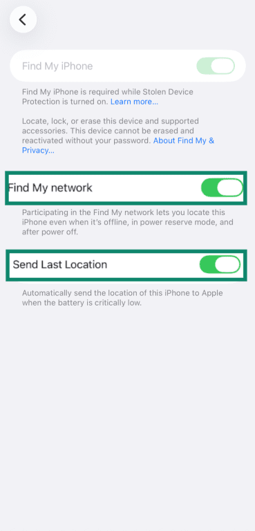 iPhone Find My Settings with Find My network and Send Last Location toggle options highlighted.