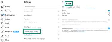 The X privacy and safety settings are open to the Chat settings, where you cna choose whoc an message you.