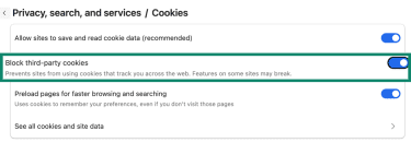 Microsoft Edge cookie settings showing the Block third-party cookies option.