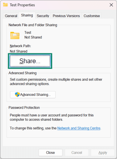 File properties window showing how to access the Sharing options.
