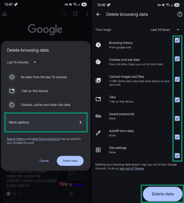"More options" and browsing data checkboxes highlighted alongside the "Delete data" button in Chrome on Android.