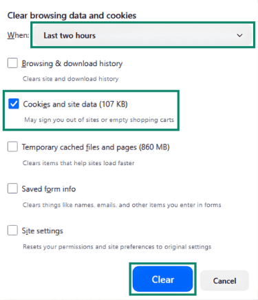 Clearing all cookies on Firefox.