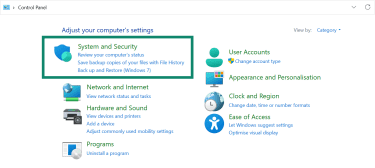 Control Panel home with System and Security highlighted.