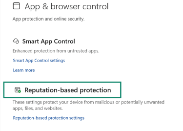 App & browser control page with Reputation-based protection highlighted.