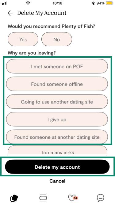 Choosing a reason for leaving and confirming the final account deletion in the Plenty of Fish iOS app.