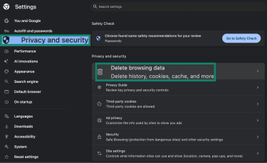 Google Chrome's Delete browsing data option under Privacy and Security settings.