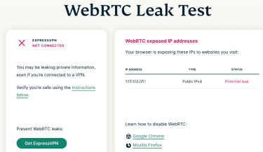 WebRTC leak test showing public IP exposed with VPN disconnected.