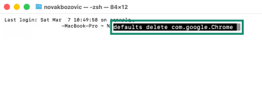 MacOS' Terminal window with a command that resets Chrome's preferences.