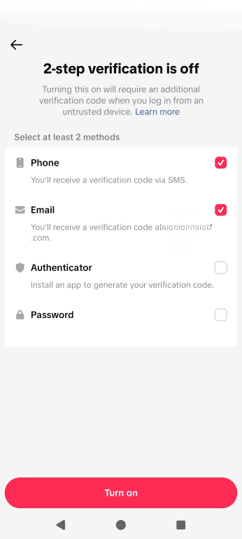 The TikTok 2FA screen, showing at least two options enabled.