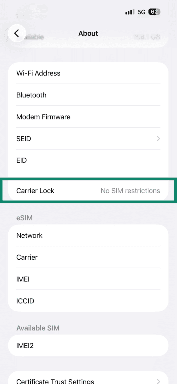 iPhone's About screen with the Carrier Lock section highlighted.