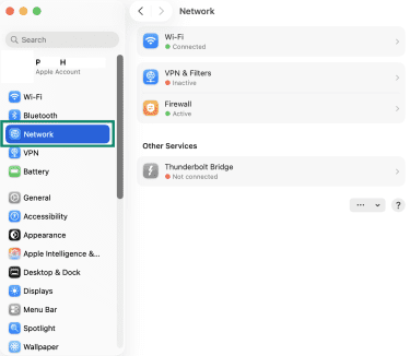 macOS System Settings open to Network, showing Wi-Fi connected.